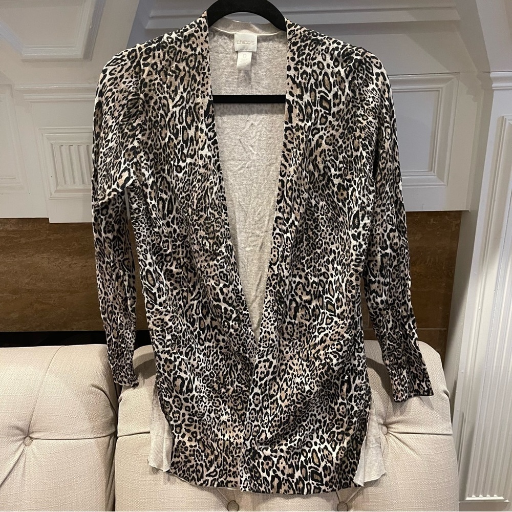 AE:  Chico’s Rib-Detail Animal Cardigan Beige Black Chico’s size 0 or Small
